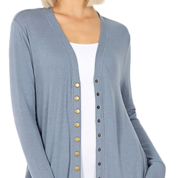 ZENANA Long Sleeve Snap Front Cardigan Sweater With Pockets Dusty Blue L NWT - Picture 2 of 11